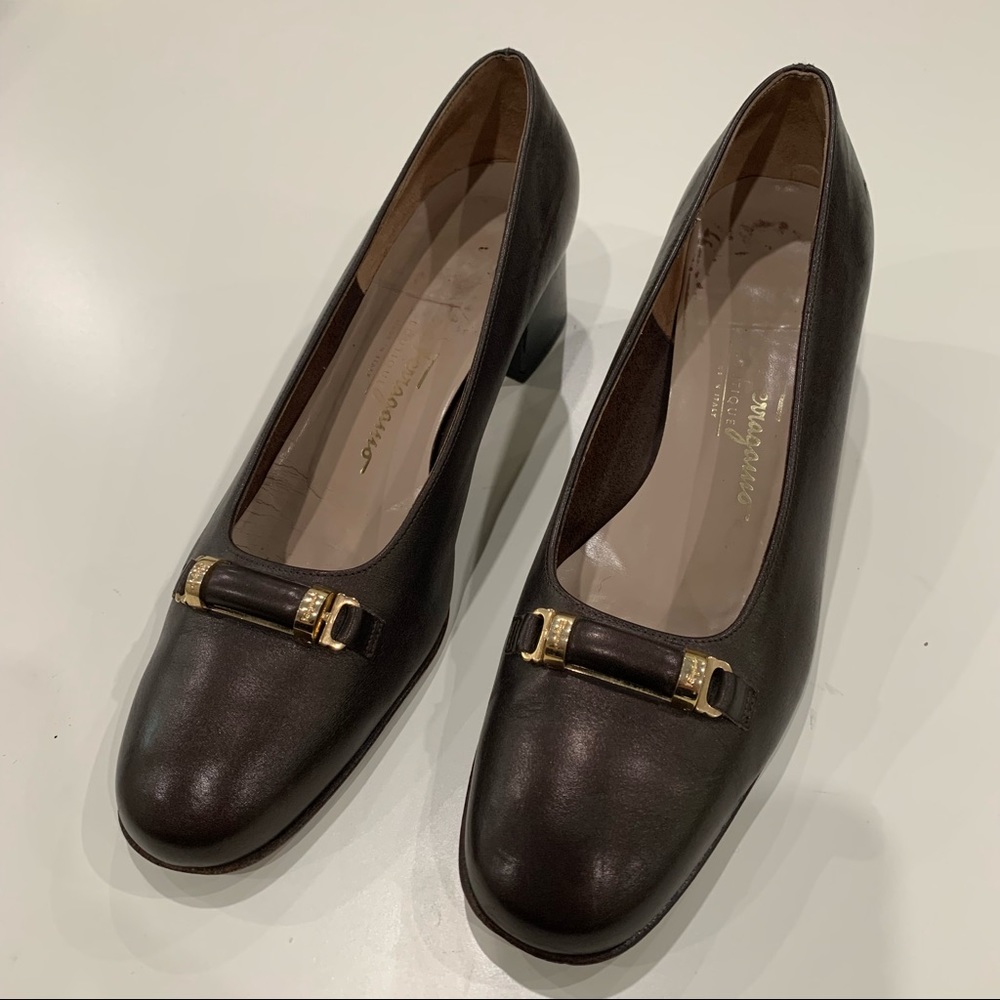 Salvatore Ferragamo Brown Heels with Gold Buckle